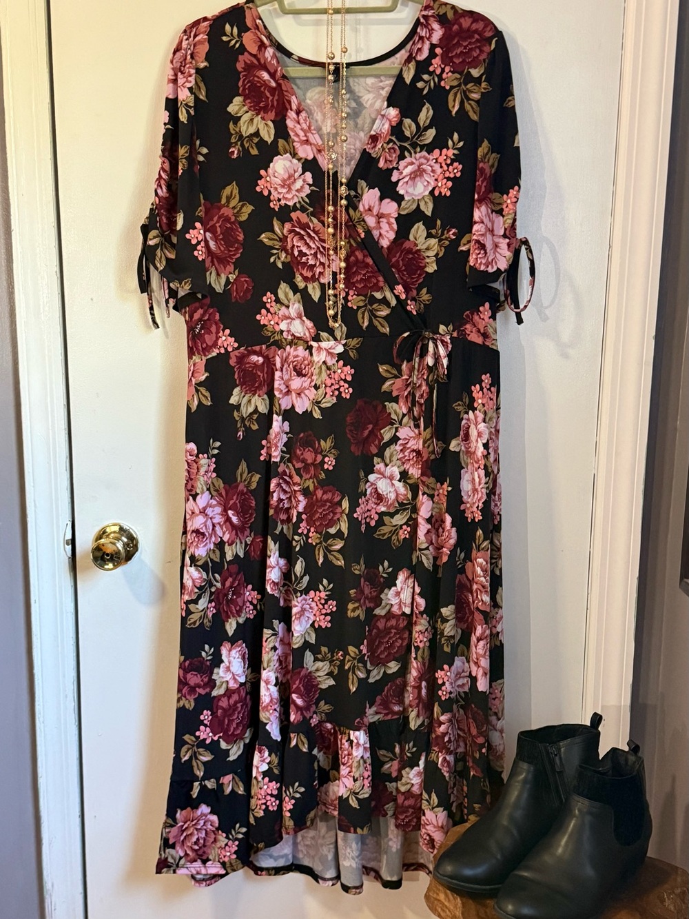 Torrid Black Midi Dress with Pink & Burgundy Floral Print